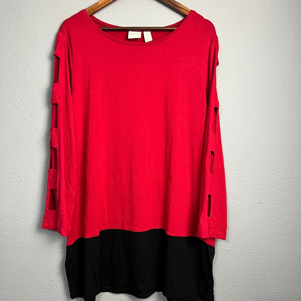 Zenergy by Chicos Shirt Dress Cutout Sleeve Red Black Colorblock Whimsical Sz 3